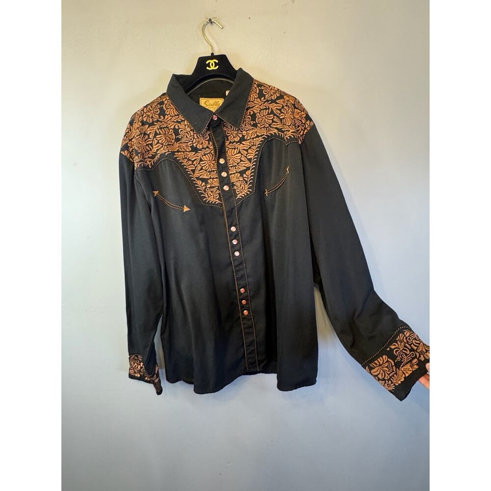 Scully Men's Black Western Snap Shirt with Embroidered Floral Yoke Size 3XL - Picture 3 of 9